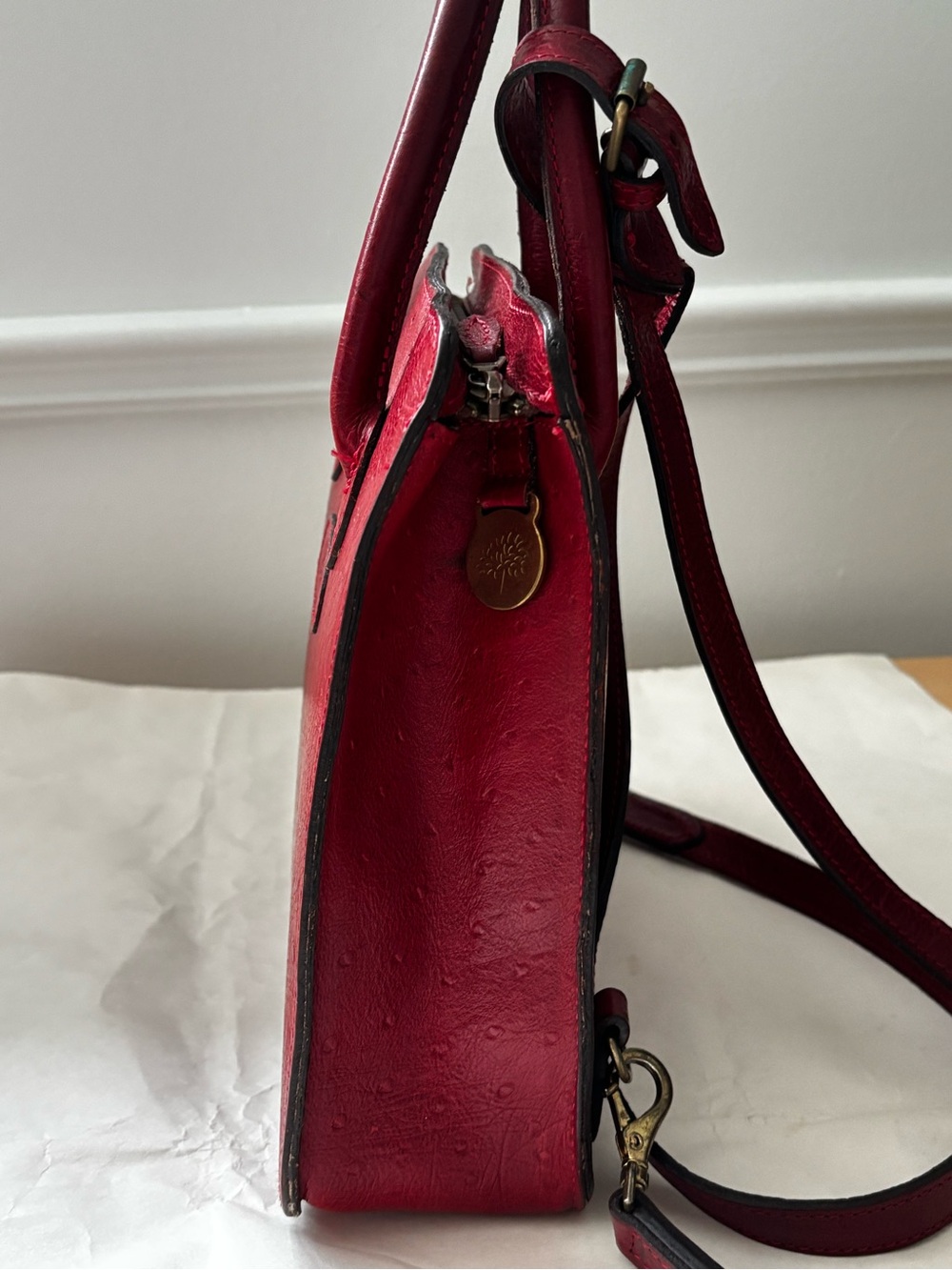 RARE Vintage Mulberry Red Ostrich Leather Bag/ Backpack - Picture 10 of 16